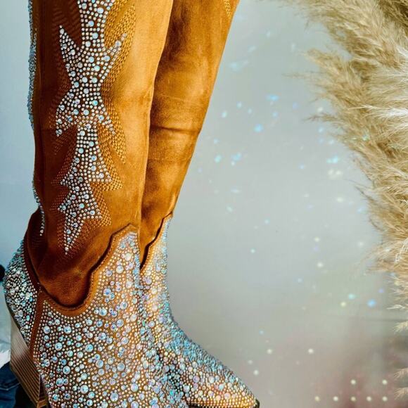 NEW Brown Faux Suede Sequin Glitter Discoball Cowgirl Cowboy Chunk Heel Boot 9.5 - Picture 10 of 13